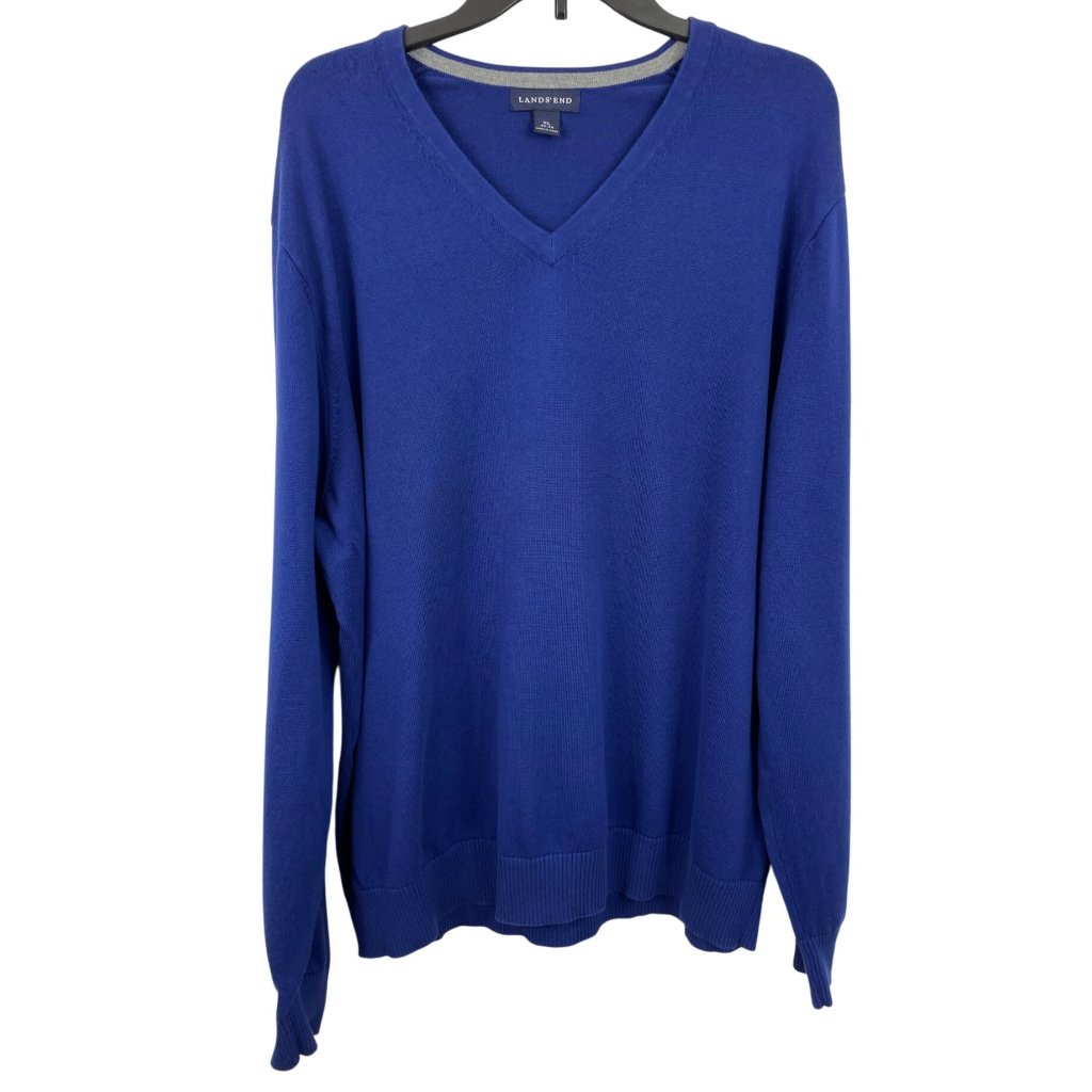 Lands' End Pullover Cotton Sweater Men's Xl 46-48 Royal Blue V-Neck